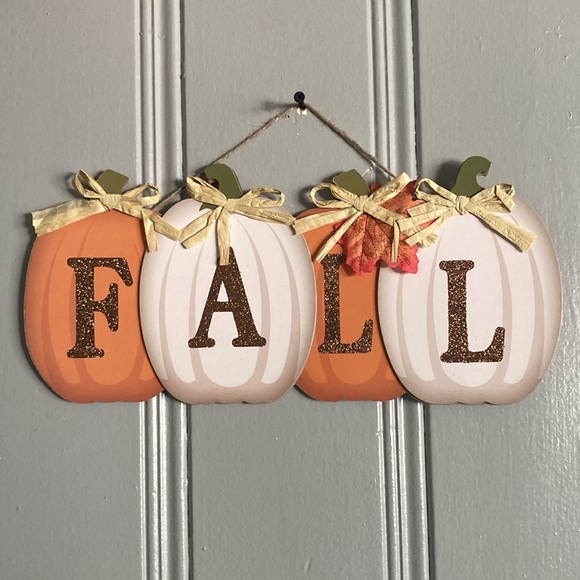 NWT- Beautiful Brown Glittered FALL Orange & White Pumpkins Decoration Sign 🍁 - Picture 1 of 17
